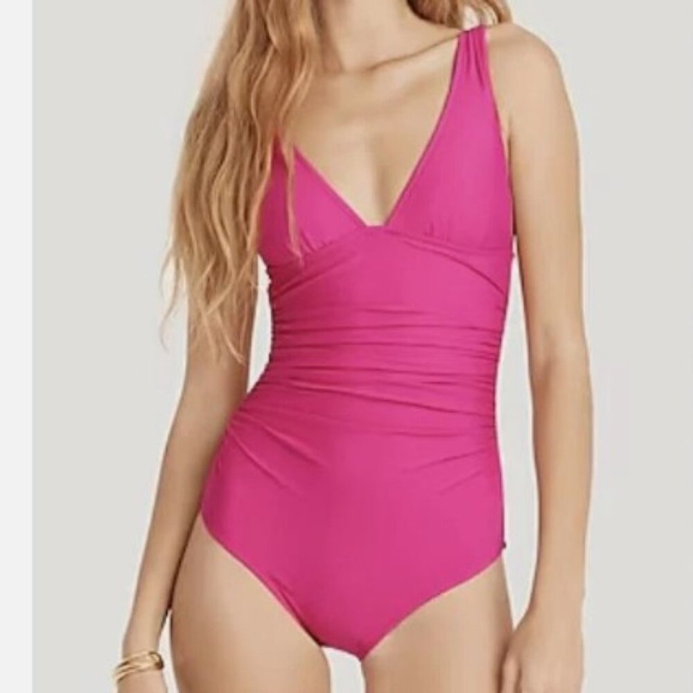 J. Crew Swimsuit Womens 2 Fuchsia Pink Ruched V-Neck One Piece Swim Beach Vacay